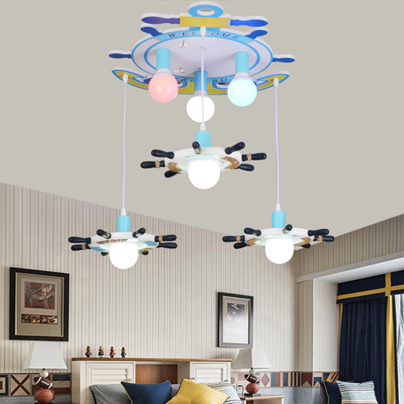 Nautical Rudder Anchor Ceiling Fixture Wood 6 Heads Ceiling Light for Child Bedroom Blue Clearhalo 'Ceiling Lights' 'Pendant Lights' 'Pendants' Lighting' 189506_6b256f89-54cd-428e-9aac-07065ab1cef7