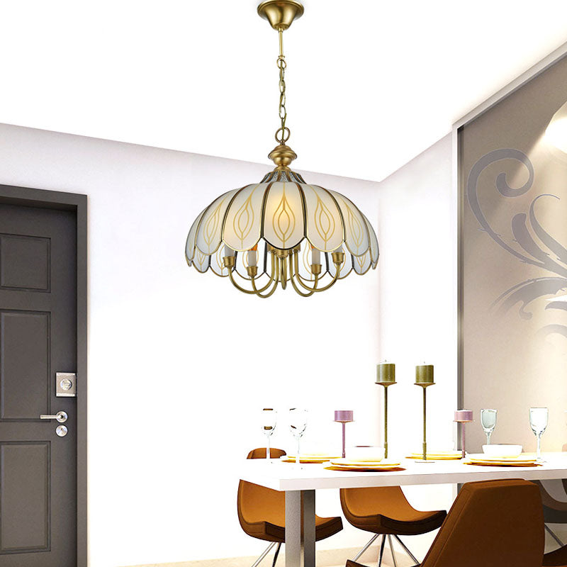 White Glass Scalloped Chandelier Light Fixture Colonialist 3/4/5 Lights Dining Room Ceiling Pendant Clearhalo 'Ceiling Lights' 'Chandeliers' 'Glass shade' 'Glass' Lighting' 1895591