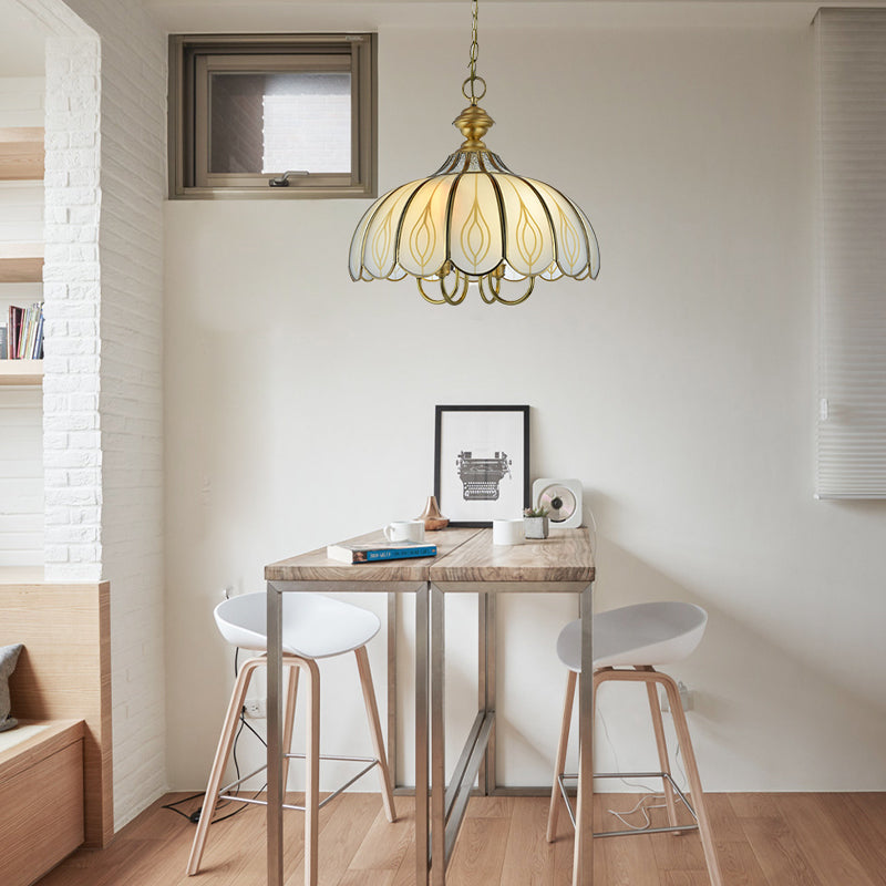 White Glass Scalloped Chandelier Light Fixture Colonialist 3/4/5 Lights Dining Room Ceiling Pendant Clearhalo 'Ceiling Lights' 'Chandeliers' 'Glass shade' 'Glass' Lighting' 1895595