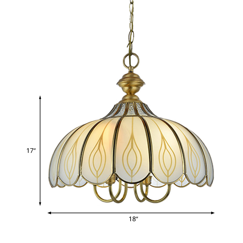 White Glass Scalloped Chandelier Light Fixture Colonialist 3/4/5 Lights Dining Room Ceiling Pendant Clearhalo 'Ceiling Lights' 'Chandeliers' 'Glass shade' 'Glass' Lighting' 1895597