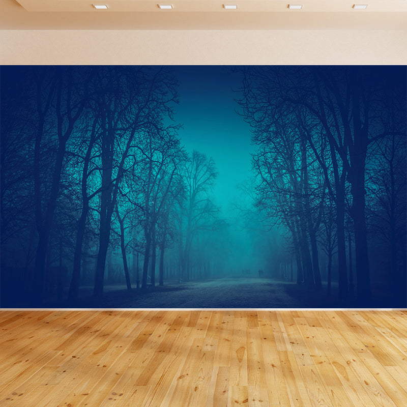 Dark Foggy Forest Mural Wallpaper Scenery Modern Waterproof Wall Art for Bedroom Blue Clearhalo 'Wall Decor' 'Wall Mural' 1895878