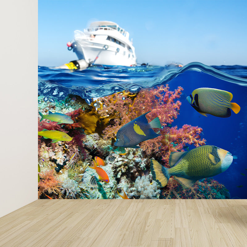 Washable Under Sea Scenery Mural Wallpaper Tropical Non-Woven Wall Covering, Custom Made Blue Clearhalo 'Wall Decor' 'Wall Mural' 1896053