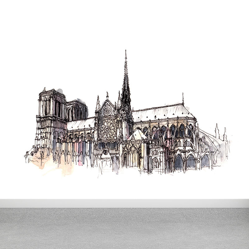 Architecture Landmark Drawing Mural Global Inspired Smooth Wall Art in Soft Color Dark Gray Clearhalo 'Wall Decor' 'Wall Mural' 1896213