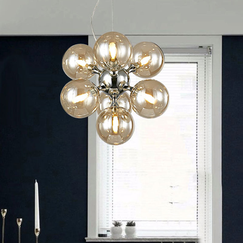 Contemporary Round Shade Chandelier Amber/Smoke/White Glass 9 Lights Pendant Lighting for Hotel Dining Room Amber Clearhalo 'Ceiling Lights' 'Chandeliers' 'Glass shade' 'Glass' 'Modern Chandeliers' 'Modern' Lighting' 189673