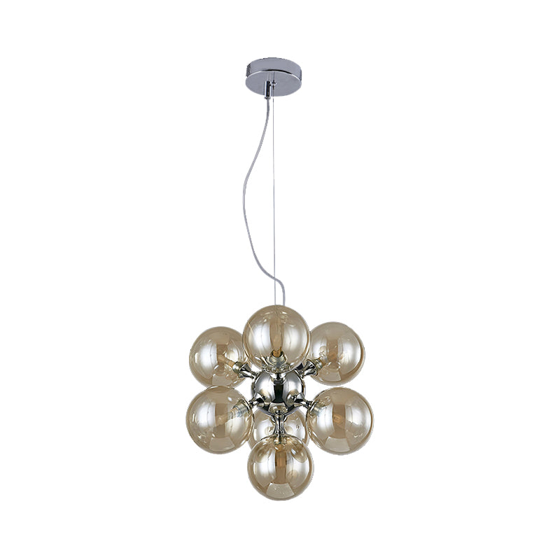 Contemporary Round Shade Chandelier Amber/Smoke/White Glass 9 Lights Pendant Lighting for Hotel Dining Room Clearhalo 'Ceiling Lights' 'Chandeliers' 'Glass shade' 'Glass' 'Modern Chandeliers' 'Modern' Lighting' 189674