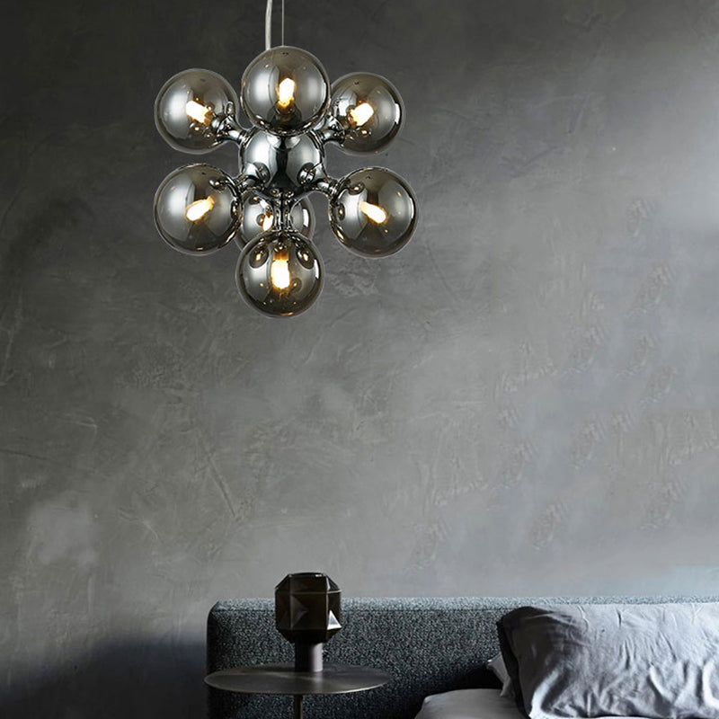 Contemporary Round Shade Chandelier Amber/Smoke/White Glass 9 Lights Pendant Lighting for Hotel Dining Room Smoke Gray Clearhalo 'Ceiling Lights' 'Chandeliers' 'Glass shade' 'Glass' 'Modern Chandeliers' 'Modern' Lighting' 189675