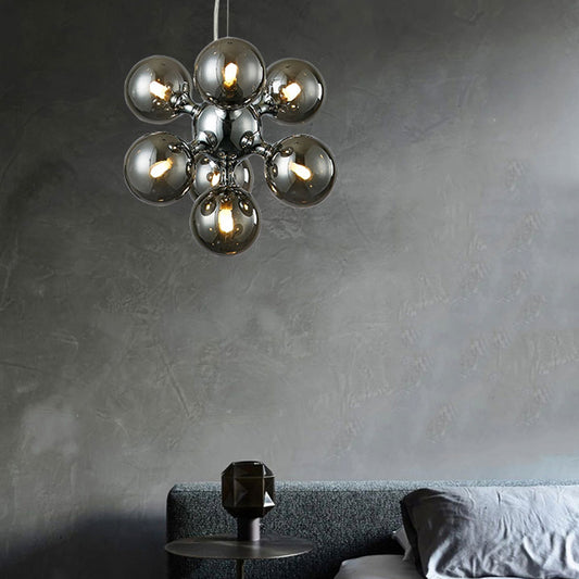 Contemporary Round Shade Chandelier Amber/Smoke/White Glass 9 Lights Pendant Lighting for Hotel Dining Room Smoke Gray Clearhalo 'Ceiling Lights' 'Chandeliers' 'Glass shade' 'Glass' 'Modern Chandeliers' 'Modern' Lighting' 189675