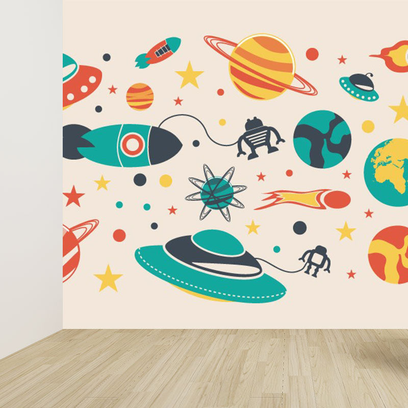 Dark Color Spacecraft Mural Wallpaper Universe Kids Moisture Resistant Wall Covering Green Clearhalo 'Wall Decor' 'Wall Mural' 1896828