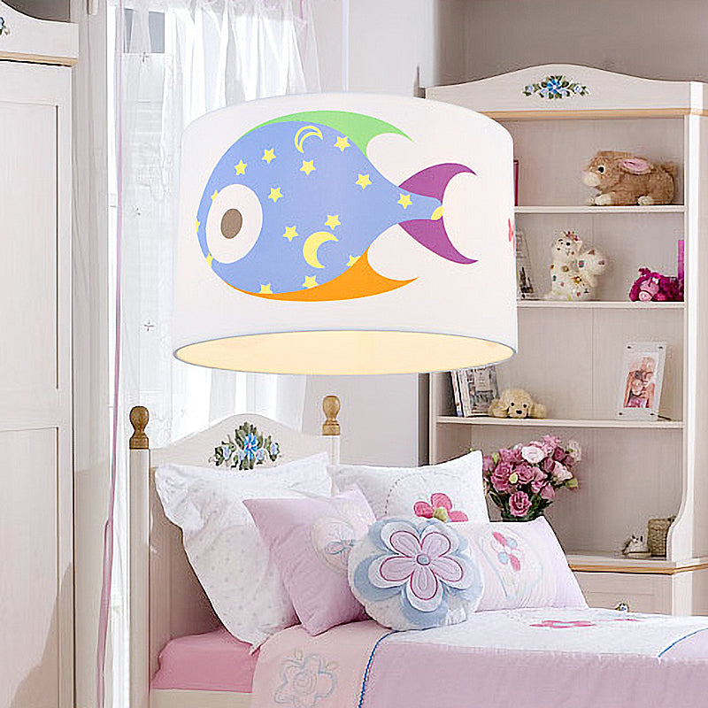 Kids Drum Pendant Light with Fish Fabric Cartoon White Hanging Light Clearhalo 'Ceiling Lights' 'Pendant Lights' 'Pendants' Lighting' 189695