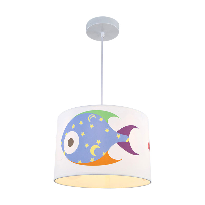 Kids Drum Pendant Light with Fish Fabric Cartoon White Hanging Light Clearhalo 'Ceiling Lights' 'Pendant Lights' 'Pendants' Lighting' 189696