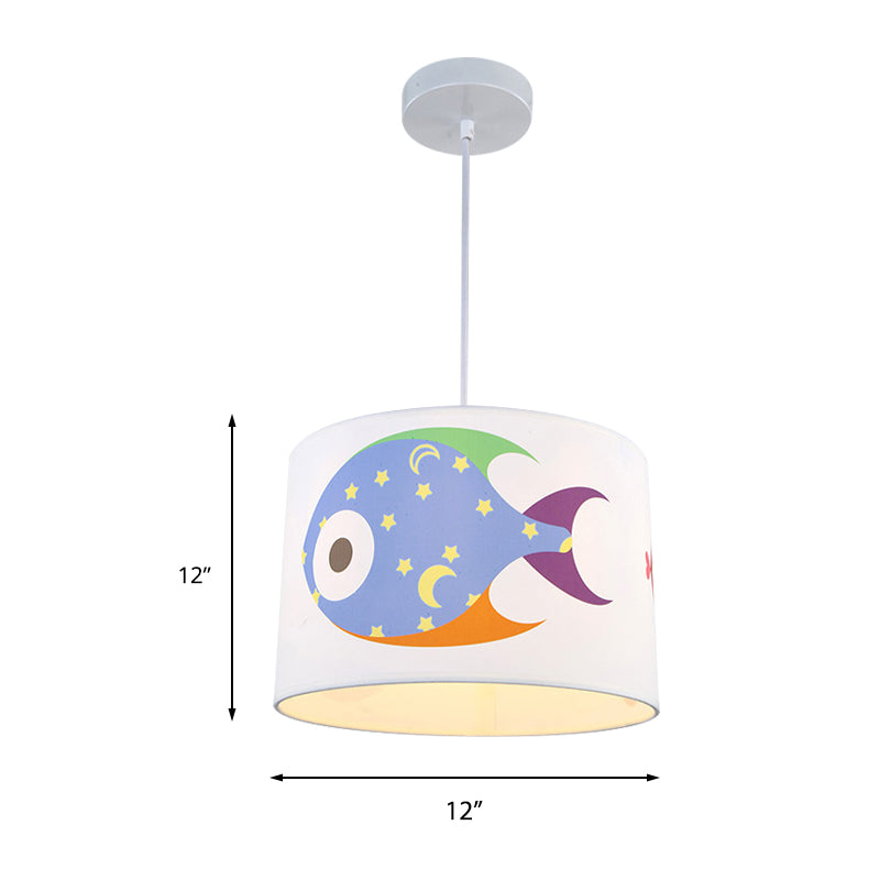 Kids Drum Pendant Light with Fish Fabric Cartoon White Hanging Light Clearhalo 'Ceiling Lights' 'Pendant Lights' 'Pendants' Lighting' 189697