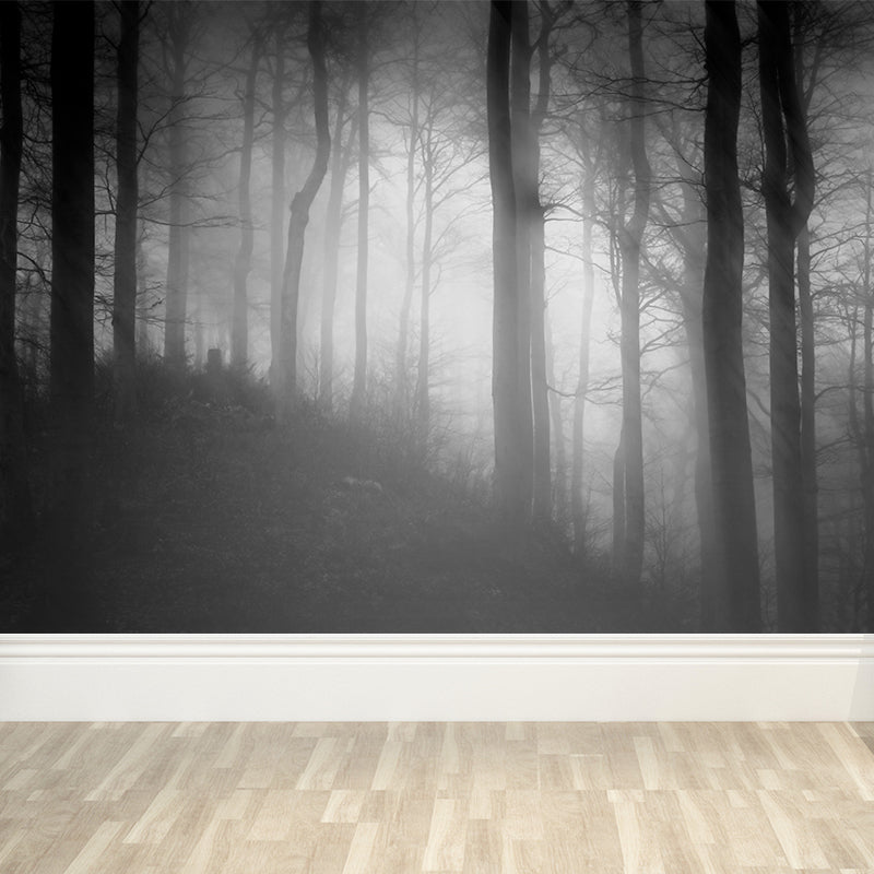 Big Foggy Forest Mural Decal Modern Mysterious Scenery Wall Covering in Pastel Color Grey Clearhalo 'Wall Decor' 'Wall Mural' 1897143