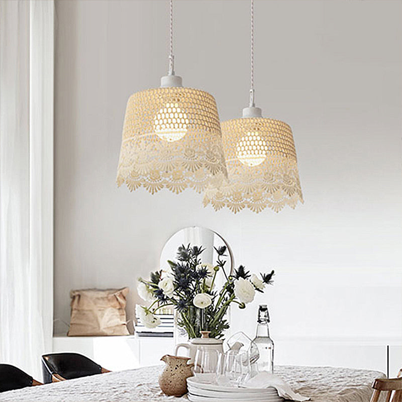 Simple Style Drum Pendant Lamp Fabric 1 Light Beige Hanging Light for Restaurant Clearhalo 'Ceiling Lights' 'Pendant Lights' 'Pendants' Lighting' 189723