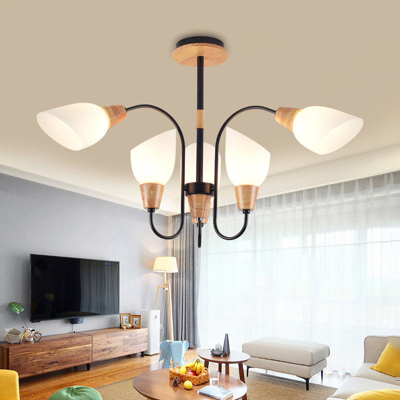 Modern White Suspension Light Bud Shape Frosted Glass Chandelier for Living Room Kitchen 6 Wood Clearhalo 'Ceiling Lights' 'Chandeliers' 'Glass shade' 'Glass' 'Modern Chandeliers' 'Modern' Lighting' 189726