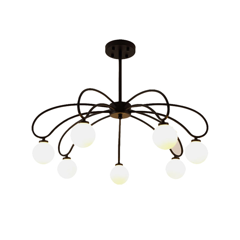 Black Curved Arm Chandelier with Orbit Shade 8 Lights Contemporary Metal G4 Pendant Light Clearhalo 'Ceiling Lights' 'Chandeliers' 'Modern Chandeliers' 'Modern' Lighting' 189748