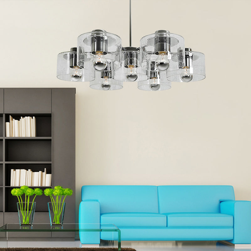 Study Room Drum Pendant Lighting Clear Glass 7 Heads Simple Style Chrome E27 Chandelier Chrome Clearhalo 'Ceiling Lights' 'Chandeliers' 'Glass shade' 'Glass' 'Modern Chandeliers' 'Modern' Lighting' 189755