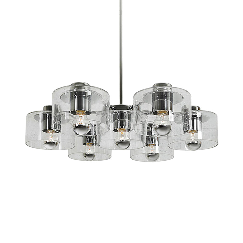 Study Room Drum Pendant Lighting Clear Glass 7 Heads Simple Style Chrome E27 Chandelier Clearhalo 'Ceiling Lights' 'Chandeliers' 'Glass shade' 'Glass' 'Modern Chandeliers' 'Modern' Lighting' 189757