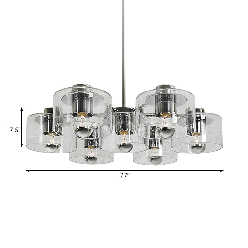 Study Room Drum Pendant Lighting Clear Glass 7 Heads Simple Style Chrome E27 Chandelier Clearhalo 'Ceiling Lights' 'Chandeliers' 'Glass shade' 'Glass' 'Modern Chandeliers' 'Modern' Lighting' 189758