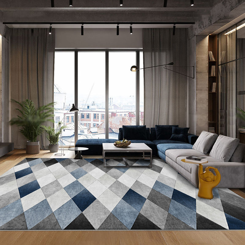 Contemporary Checked Pattern Rug Grey and Blue Polyester Carpet Washable Anti-Slip Backing Pet Friendly Indoor Rug for Bedroom Grey Clearhalo 'Area Rug' 'Modern' 'Rugs' Rug' 1897818