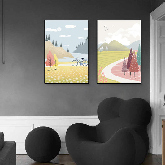 Paysage de printemps jaune paysage d'art paysage nordique décor mural texturé pour chambre à coucher