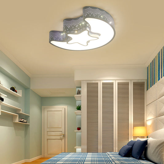 Metal Hollow Star Moon Ceiling Lamp Boys Girls Room Cartoon Eye-Caring LED Flush Mount Light Blue Clearhalo 'Ceiling Lights' 'Close To Ceiling Lights' 'Close to ceiling' 'Flush mount' Lighting' 189928