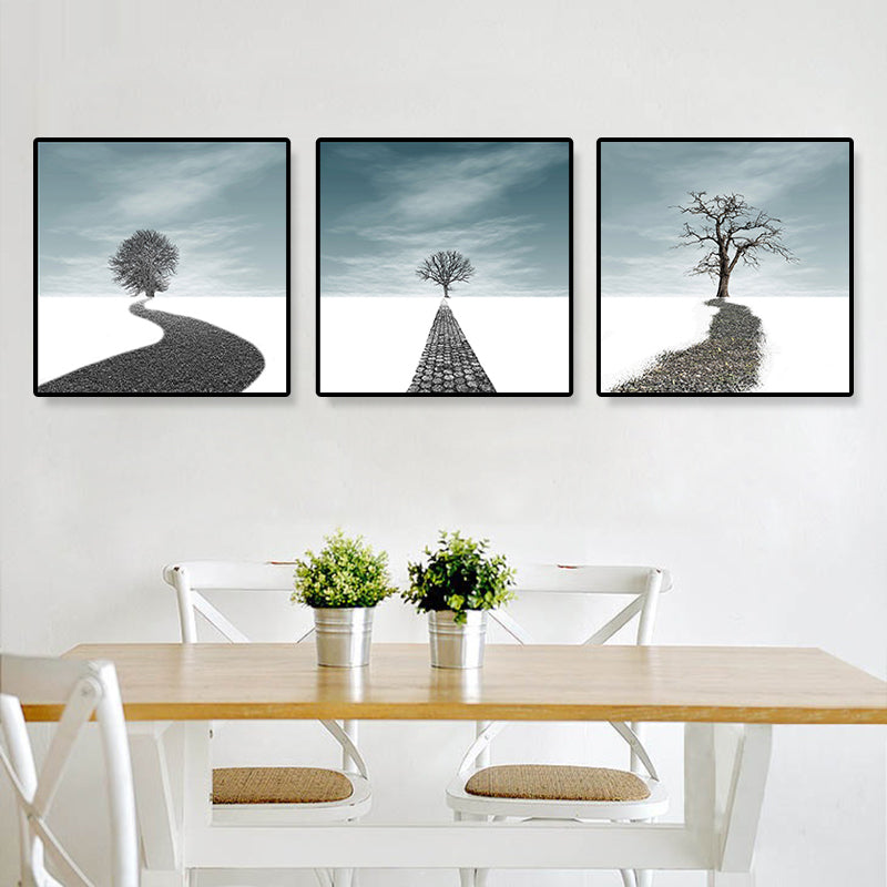 Road and Tree Scenery Canvas Art Contemporary Textured Wall Decor for Home (Set of 3) Grey Clearhalo 'Arts' 'Canvas Art' 1899551