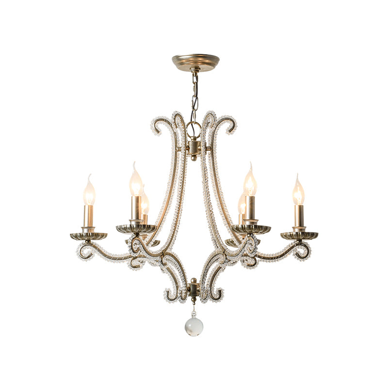 6-Light Crystal Bead Coated Chandelier Countryside Silver Candle Style Living Room Hanging Ceiling Light Clearhalo 'Ceiling Lights' 'Chandeliers' 'Modern Chandeliers' 'Modern' Lighting' 1899686