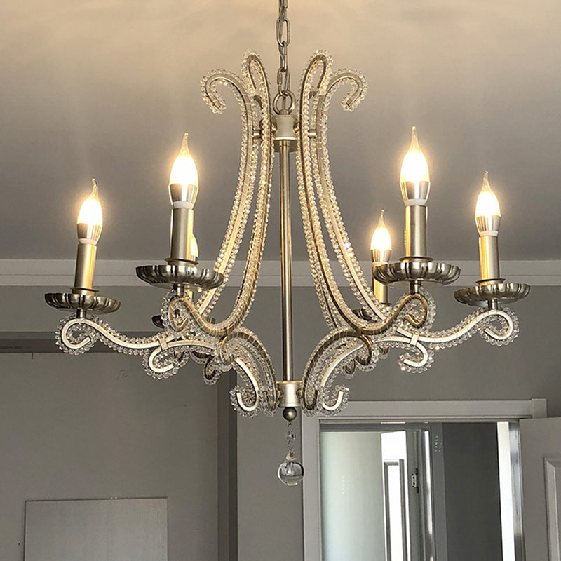 6-Light Crystal Bead Coated Chandelier Countryside Silver Candle Style Living Room Hanging Ceiling Light Silver Clearhalo 'Ceiling Lights' 'Chandeliers' 'Modern Chandeliers' 'Modern' Lighting' 1899687