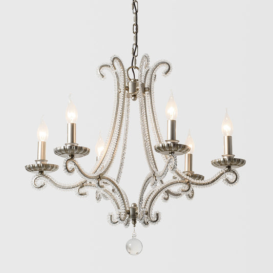 6-Light Crystal Bead Coated Chandelier Countryside Silver Candle Style Living Room Hanging Ceiling Light Clearhalo 'Ceiling Lights' 'Chandeliers' 'Modern Chandeliers' 'Modern' Lighting' 1899688