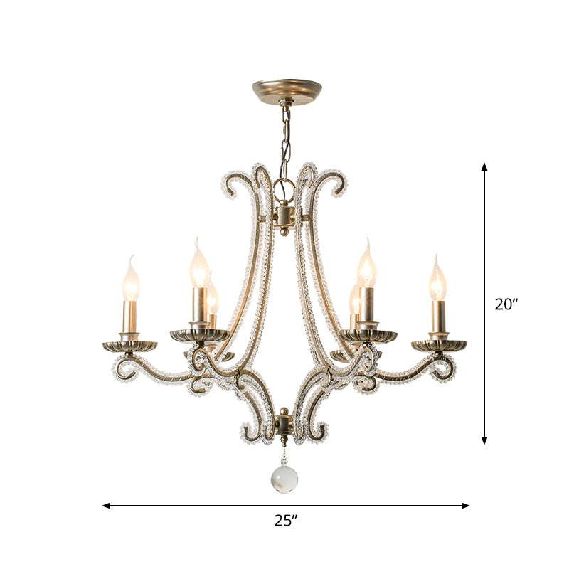 6-Light Crystal Bead Coated Chandelier Countryside Silver Candle Style Living Room Hanging Ceiling Light Clearhalo 'Ceiling Lights' 'Chandeliers' 'Modern Chandeliers' 'Modern' Lighting' 1899689