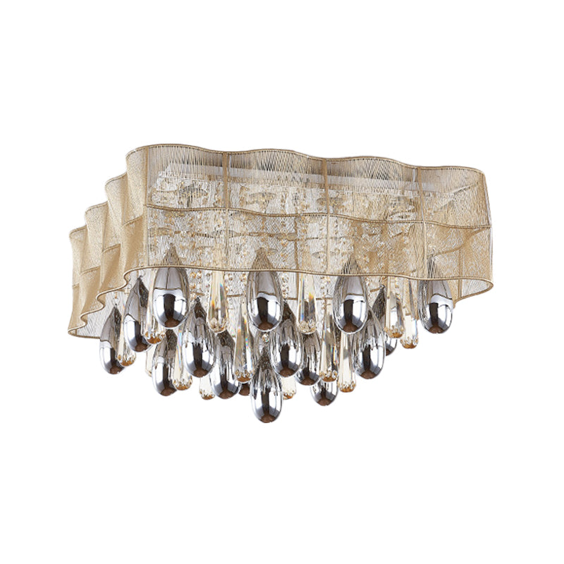 Minimal Square Ceiling Light 15-Head Crystal Drip Flush Mounted Lighting with Frill Beige Sheer Shade Clearhalo 'Ceiling Lights' 'Close To Ceiling Lights' 'Close to ceiling' 'Flush mount' Lighting' 1899690