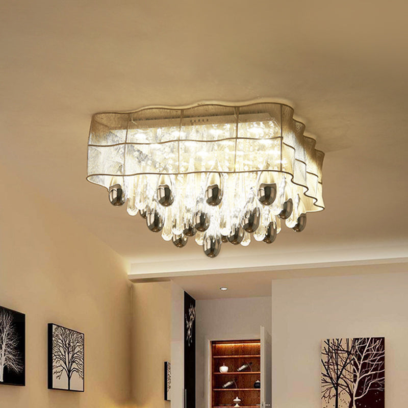 Minimal Square Ceiling Light 15-Head Crystal Drip Flush Mounted Lighting with Frill Beige Sheer Shade Beige Clearhalo 'Ceiling Lights' 'Close To Ceiling Lights' 'Close to ceiling' 'Flush mount' Lighting' 1899691