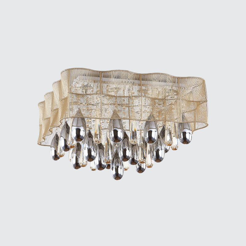 Minimal Square Ceiling Light 15-Head Crystal Drip Flush Mounted Lighting with Frill Beige Sheer Shade Clearhalo 'Ceiling Lights' 'Close To Ceiling Lights' 'Close to ceiling' 'Flush mount' Lighting' 1899692