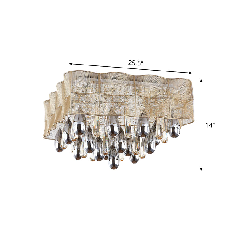 Minimal Square Ceiling Light 15-Head Crystal Drip Flush Mounted Lighting with Frill Beige Sheer Shade Clearhalo 'Ceiling Lights' 'Close To Ceiling Lights' 'Close to ceiling' 'Flush mount' Lighting' 1899693