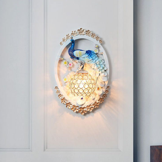 K9 Crystal Ball Wall Lighting Contemporary 1 Light Living Room Sconce in Light Blue and White with Peacock Design Light Blue-White Clearhalo 'Modern wall lights' 'Modern' 'Wall Lamps & Sconces' 'Wall Lights' Lighting' 1899694