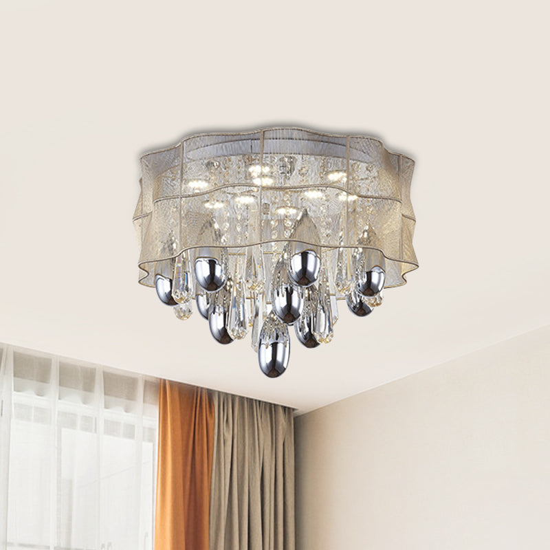 Frill LED Flush Mount Simple Sheer Close to Ceiling Lamp in Beige with Crystal Droplet, 20"/25.5"Wide Clearhalo 'Ceiling Lights' 'Close To Ceiling Lights' 'Close to ceiling' 'Flush mount' Lighting' 1899742