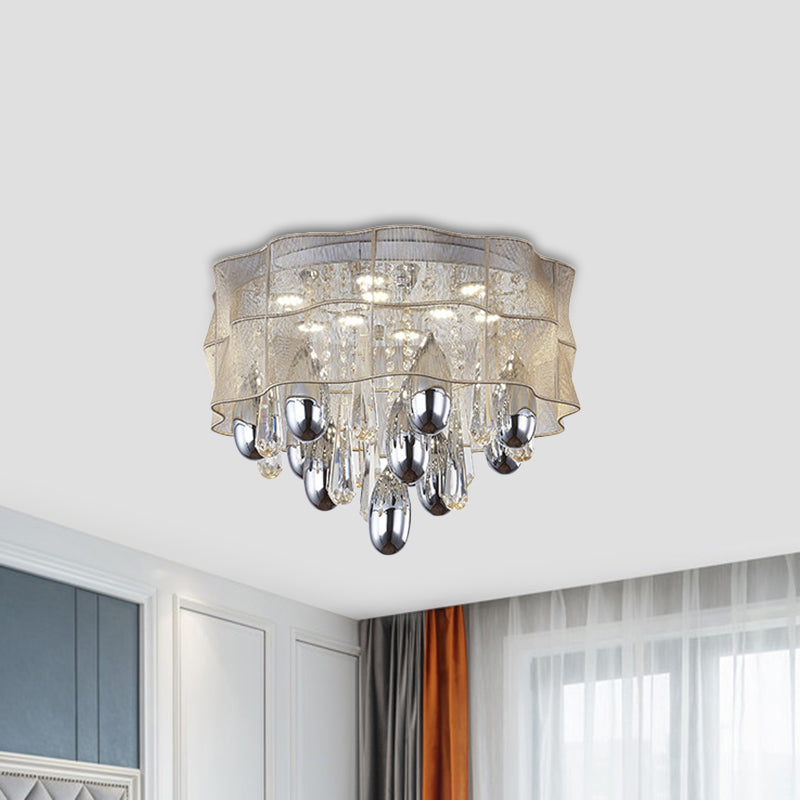 Frill LED Flush Mount Simple Sheer Close to Ceiling Lamp in Beige with Crystal Droplet, 20"/25.5"Wide Beige 20" Clearhalo 'Ceiling Lights' 'Close To Ceiling Lights' 'Close to ceiling' 'Flush mount' Lighting' 1899743