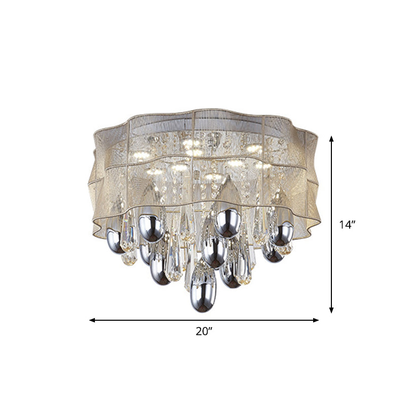 Frill LED Flush Mount Simple Sheer Close to Ceiling Lamp in Beige with Crystal Droplet, 20"/25.5"Wide Clearhalo 'Ceiling Lights' 'Close To Ceiling Lights' 'Close to ceiling' 'Flush mount' Lighting' 1899745