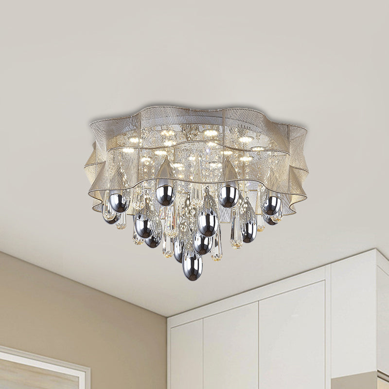 Frill LED Flush Mount Simple Sheer Close to Ceiling Lamp in Beige with Crystal Droplet, 20"/25.5"Wide Beige 25.5" Clearhalo 'Ceiling Lights' 'Close To Ceiling Lights' 'Close to ceiling' 'Flush mount' Lighting' 1899746