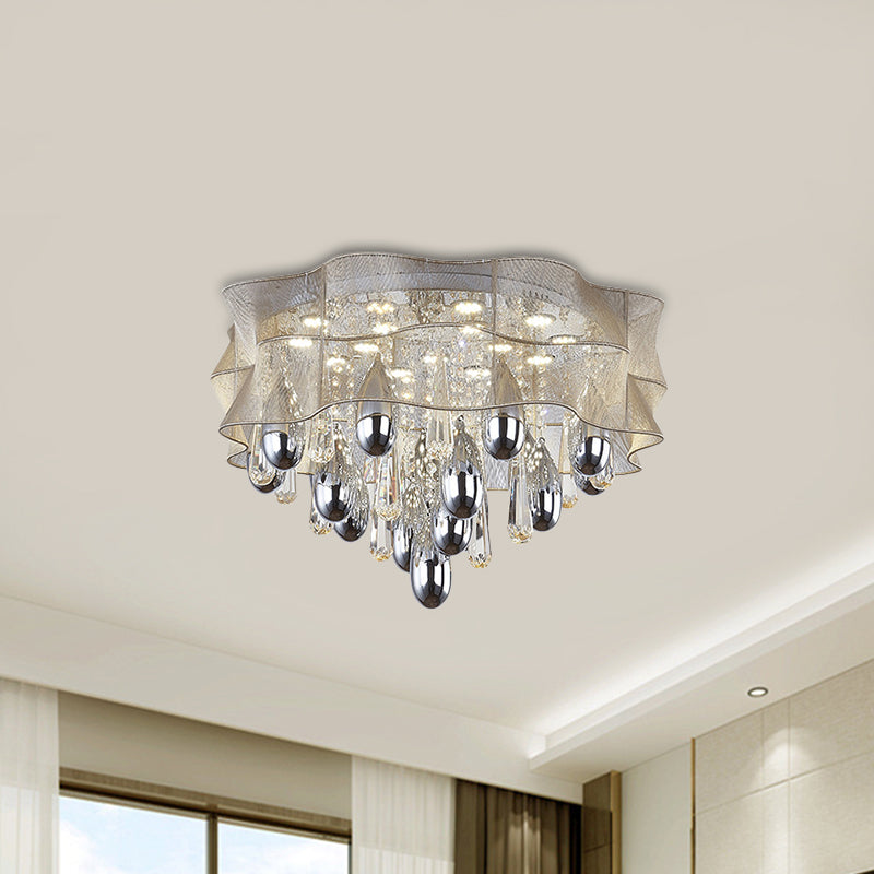 Frill LED Flush Mount Simple Sheer Close to Ceiling Lamp in Beige with Crystal Droplet, 20"/25.5"Wide Clearhalo 'Ceiling Lights' 'Close To Ceiling Lights' 'Close to ceiling' 'Flush mount' Lighting' 1899747