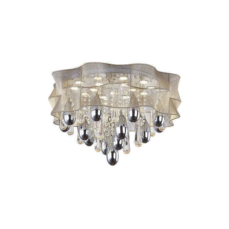 Frill LED Flush Mount Simple Sheer Close to Ceiling Lamp in Beige with Crystal Droplet, 20"/25.5"Wide Clearhalo 'Ceiling Lights' 'Close To Ceiling Lights' 'Close to ceiling' 'Flush mount' Lighting' 1899748