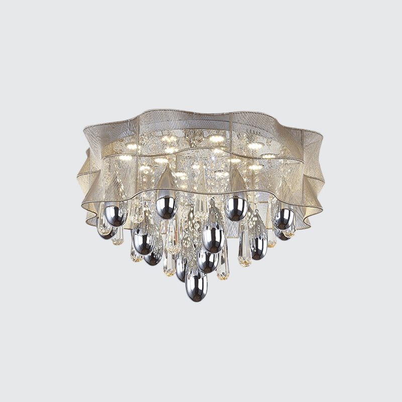 Frill LED Flush Mount Simple Sheer Close to Ceiling Lamp in Beige with Crystal Droplet, 20"/25.5"Wide Clearhalo 'Ceiling Lights' 'Close To Ceiling Lights' 'Close to ceiling' 'Flush mount' Lighting' 1899749