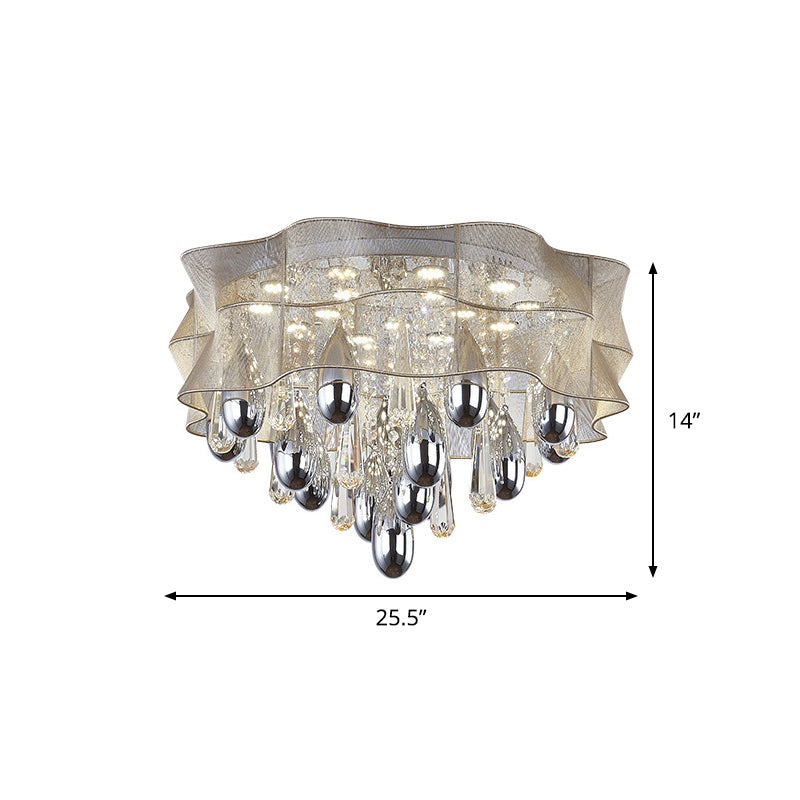 Frill LED Flush Mount Simple Sheer Close to Ceiling Lamp in Beige with Crystal Droplet, 20"/25.5"Wide Clearhalo 'Ceiling Lights' 'Close To Ceiling Lights' 'Close to ceiling' 'Flush mount' Lighting' 1899750