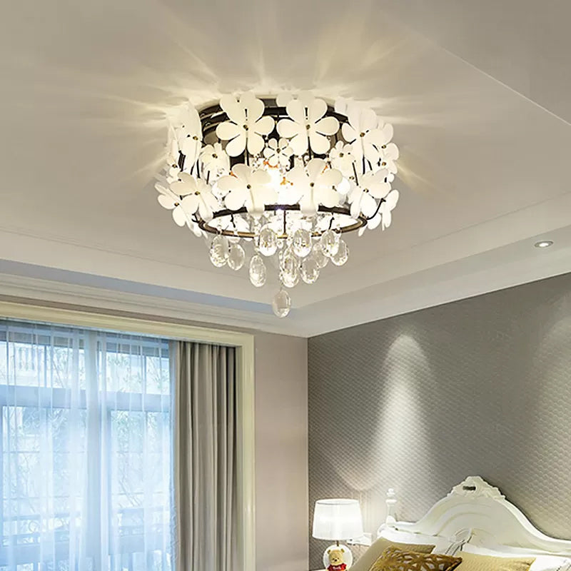 Black Drum Flush Mounted Light Nordic K9 Crystal Ball 4/6-Bulb Bedroom Ceiling Lamp with Petal Decoration Clearhalo 'Ceiling Lights' 'Close To Ceiling Lights' 'Close to ceiling' 'Flush mount' Lighting' 1899881