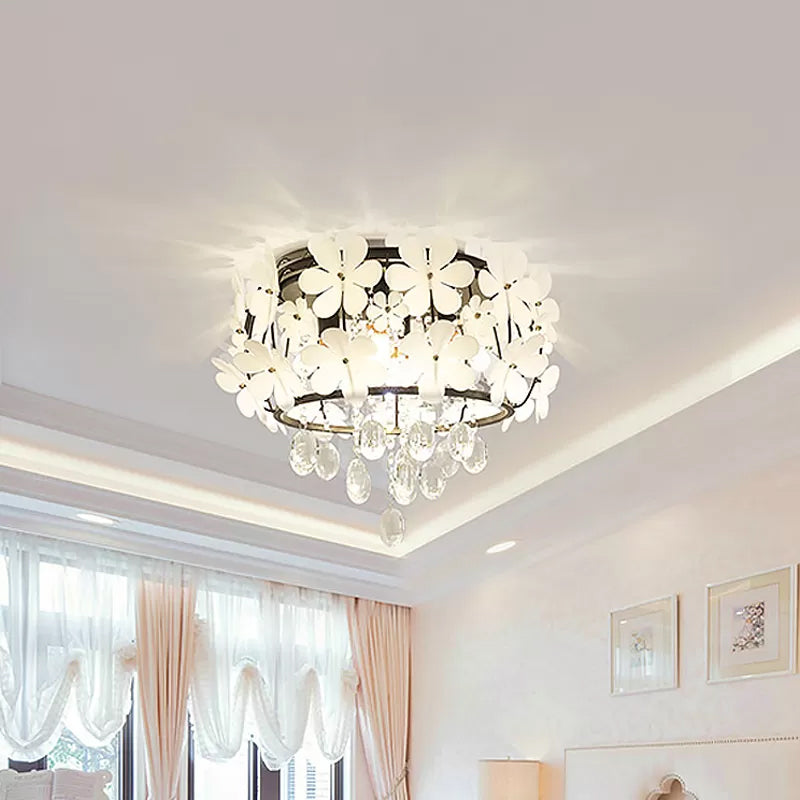 Black Drum Flush Mounted Light Nordic K9 Crystal Ball 4/6-Bulb Bedroom Ceiling Lamp with Petal Decoration Black Clearhalo 'Ceiling Lights' 'Close To Ceiling Lights' 'Close to ceiling' 'Flush mount' Lighting' 1899882