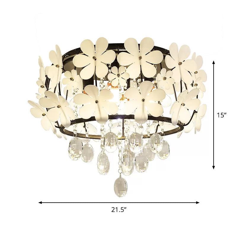 Black Drum Flush Mounted Light Nordic K9 Crystal Ball 4/6-Bulb Bedroom Ceiling Lamp with Petal Decoration Clearhalo 'Ceiling Lights' 'Close To Ceiling Lights' 'Close to ceiling' 'Flush mount' Lighting' 1899885