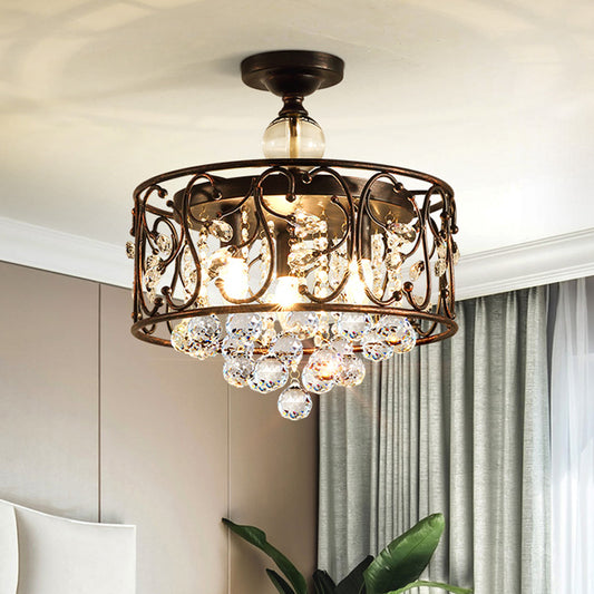 Iron Cylinder Ceiling Light Fixture Countryside 3-Head Bedroom Semi Flushmount Lamp in Rust with Clear Crystal Orb Rust Clearhalo 'Ceiling Lights' 'Close To Ceiling Lights' 'Close to ceiling' 'Semi-flushmount' Lighting' 1900033