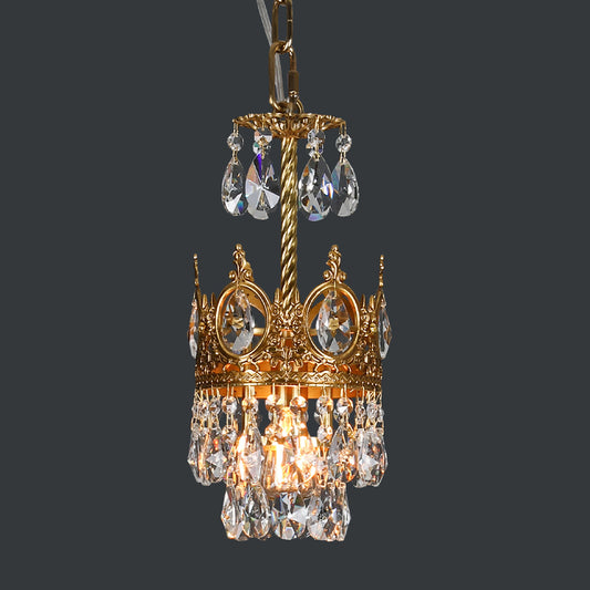 Single Bulb Hanging Lamp Kit Traditional Crown-Shape Hand Cut Crystal Flush Lighting in Brass Clearhalo 'Ceiling Lights' 'Modern Pendants' 'Modern' 'Pendant Lights' 'Pendants' Lighting' 1900043