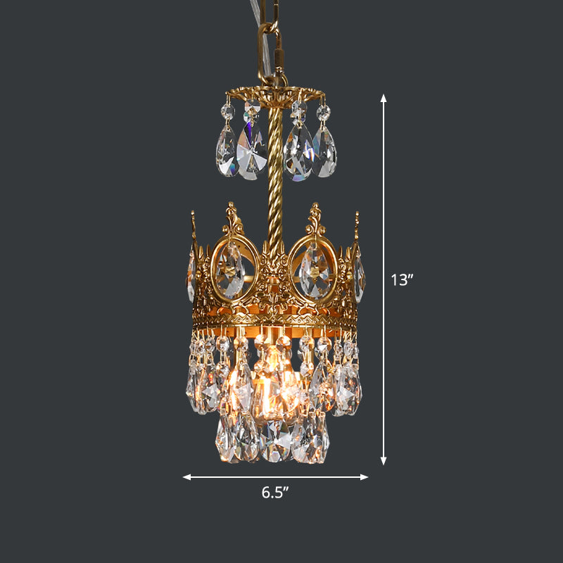 Single Bulb Hanging Lamp Kit Traditional Crown-Shape Hand Cut Crystal Flush Lighting in Brass Clearhalo 'Ceiling Lights' 'Modern Pendants' 'Modern' 'Pendant Lights' 'Pendants' Lighting' 1900044