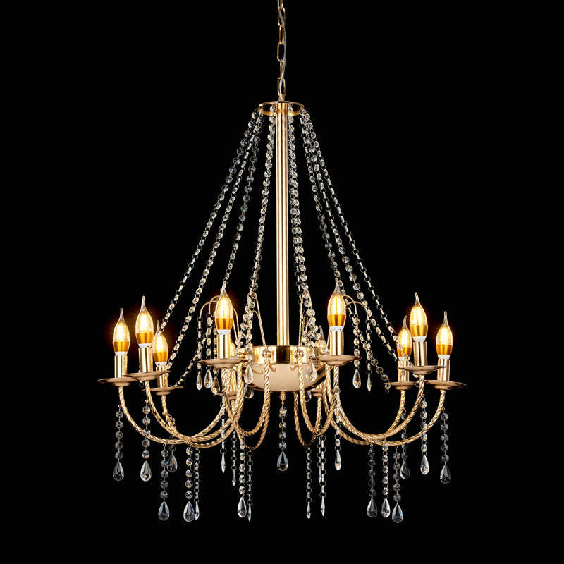 8 Lights Candle Hanging Lamp Retro Clear Crystal Chain Ceiling Chandelier with Gold Stranded Swoop Arm Clearhalo 'Ceiling Lights' 'Chandeliers' 'Modern Chandeliers' 'Modern' Lighting' 1900175
